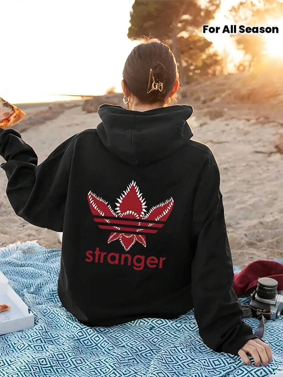 Limited Edition Hooded Sweatshirt For Women, Fashion Casual Printed Hoodie, All-Season Top, Artistic Design,  Follower, Shark Tooth  + Stranger Slogan - Black - View 1