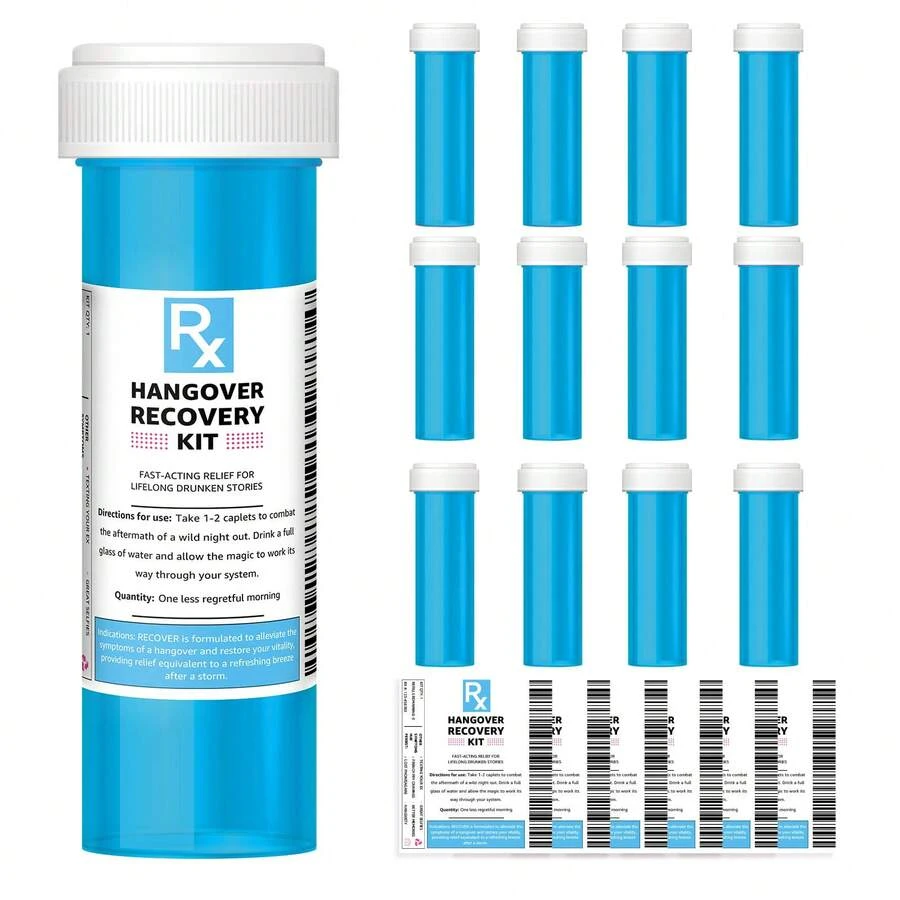 LOVEVOYAGE Bachelor Party Favors - Blue Empty Pill Bottles For DIY Hangover Kit Supplies, Funny Rx Style Containers For 21st Birthday, Nurse Party Favors, Groomsmen Gifts & Wedding Guest Bags - 12Pcs - 查看 1