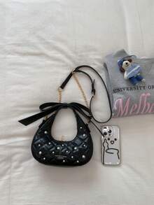 Fashionable Bowknot Rhombus Pearl Shoulder Underarm Bag, Handbag & Crossbody Bag For Women - Black - View 6