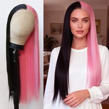 ZigZag Hair 13x4蕾丝前假发，半黑半金合成直长发假发，自然发际线，耐热合成纤维女士时尚假发 - 彩色 - 查看 5