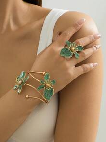 2pcs/Set Women's Floral Bracelet & Ring Set, Elegant Style For Summer Party, Wedding, Holiday, Gift For Friends & Family - Pink - View 7
