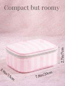 Cute Pink & White Stripe Makeup Bag With Compartments,Nylon Travel Essentials Cosmetic Bag Organizer Toiletry Bag For Women Girls, Simple Pink Portable Storage Bag With Four Different Sizes To Choose From, Suitable For Home Storage, Cosmetics Storage, Cute Appearance, Suitable As A Gift - 吐司麵包(粉紅色) - 查看 2