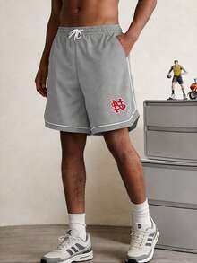 男士休闲街头风透气网眼面料撞色图案夏季运动短裤 - 灰色 - 查看 7