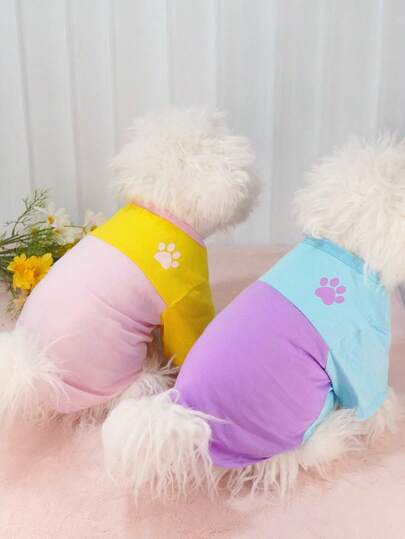 2-Tone Pet Dog Paw Print T-Shirt, Casual Outdoor Wear For Small Cats & Dogs