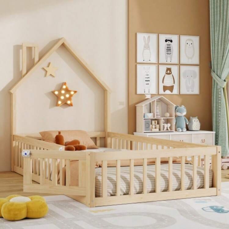 Hausbett, 90 X 200 Cm, Kinderbett Mit Schornsteinform, Bett Mit Lattenrost (Ohne Matratze), Kiefernholz, Minimalist Style, Nature - 自然的 - 查看 3