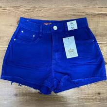 1523 - Colored Denim Shorts With Elastane, High Waist, Frayed Hem - Màu xanh lam - Xem 4