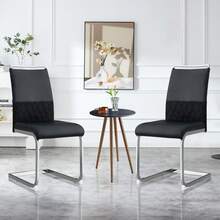 Set Of 2 Modern Dining Chairs, PU Faux Leather And Linen, Padded Side Chairs, Kitchen, Dining Room, Office Chairs, Black, Grey. - Black - View 11