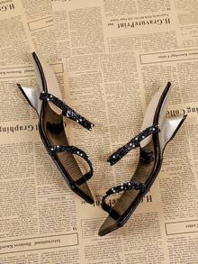 Women's Black Square Toe High Heel Slip-On Sandals, Casual Backless Mule Sandals - Black - View 6