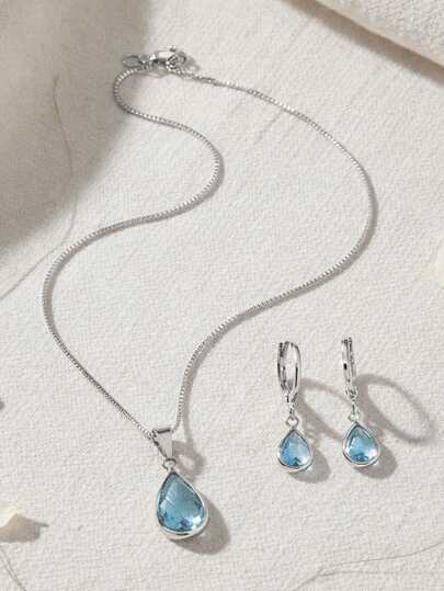 Conjunto Colar e Brincos Gota Azul Aquamarine - Banho Prata 925