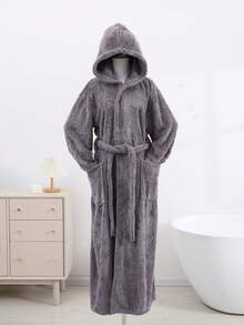 1 pieza Bata de baño con capucha de felpa coral, con textura de caparazón de tortuga 3D, suave y cómoda, absorbente, bata de estar por casa para volver a la escuela - Blanco - Ver 17