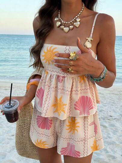 Conjunto de 2 piezas de Doriss con camisola con estampado floral y tirantes con volantes, conjunto de playa para mujer, ropa de verano, Día de San Valentín, top casual, ropa de vacaciones para damas, vacaciones de verano