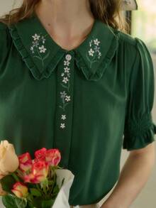 Simple Retro Women Blouses - Green - View 8