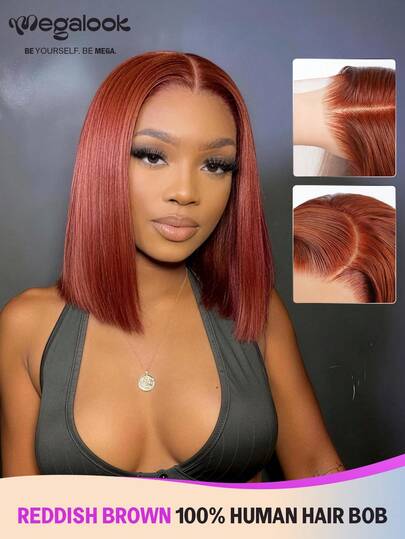 MEGALOOK 14英寸红棕色波波头假发，100%真人发，透明蕾丝，13x4蕾丝前额假发，#33色真人发直发波波头假发 - 自然逼真，适合日常佩戴，可打造办公室、僵尸新娘、万圣节、派对、Y2K风格、度假、户外角色扮演、校园、学校假期、圣诞节、派对、婚礼、节日等各种场合，适合女性佩戴。