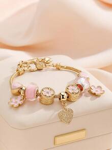 心形花朵吊坠手链 经典心形水钻手链 心形T字手链 时尚金色心形手链 女孩情人节礼物 - 彩色 - 查看 3