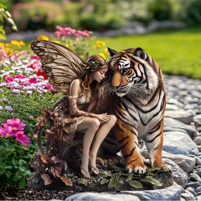 1pc, Art Deco Fairy & Tiger Acrylic Garden , Weatherproof Outdoor Decor, Ideal For Flower Pots & Lawns, Patios & Backyards, Whimsical Yard Art, Housewarming Gift, No Electricity Needed