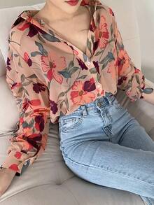 Camisa de mujer Camisa de manga larga con protección solar para mujer, con diseño vanguardista, holgada y elegante, con estampado floral en gasa. - Rosa - Ver 6