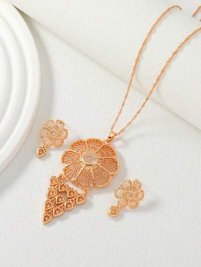 3pcs Rose Gold Plated Hollow Floral Pendant Jewelry Set, Micro-Inlaid Cubic Zirconia, Flower Tassel Necklace & Earrings For Women, Daily Wear / Ramadan Gift