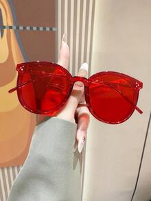 Vintage Round Large Frame Red Fashion Fashion Glasses, Metal Temples, Casual Decoration Daily Wear, Studded Unisex - Red - View 2