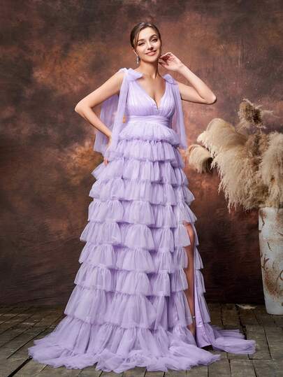 Faeriesty Elegant Party Solid Color Multi-Layer Mesh Backless Maternity Dress