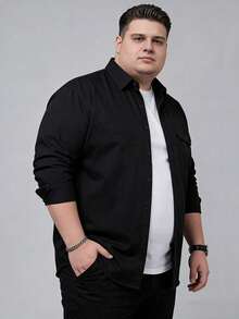 男士立领长袖衬衫，户外加大码单口袋休闲长袖衬衫，经典黑色立领衬衫 - 黑色 - 查看 2