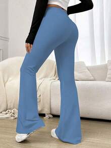 女士高腰纯色喇叭瑜伽裤，压缩紧身打底裤，适合运动、跑步、健身 - 天藍色 - 查看 6