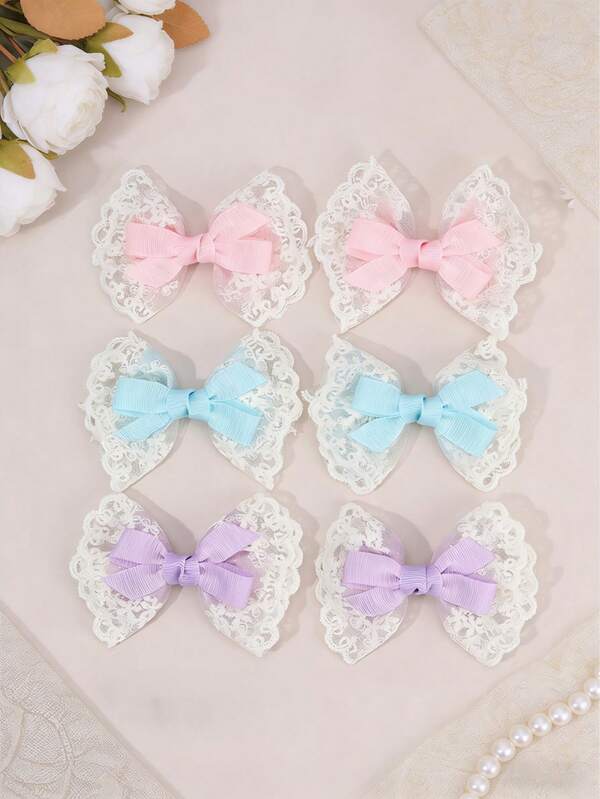 2/6件装蕾丝发夹，女婴粉彩色网纱刺绣发夹，罗缎丝带蝴蝶结马尾夹，休闲婚礼生日派对发饰，贝雷帽，女孩礼物发夹，婴儿发饰。