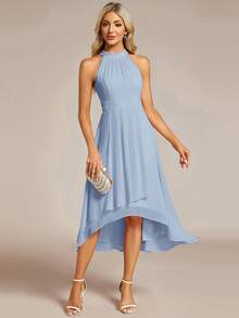 EVERPRETTY 优雅荷叶边露背高低摆雪纺浅蓝色伴娘礼服，中长款，适合婚礼、派对、正式场合，春季 - 淺藍色 - 查看 6