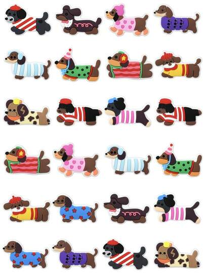24 PCS Cute Sausage Dog Series, Featuring Expressive Eyes And Clothing, With Anti-Slip Design, Suitable For Sandals, Sneakers, Boots - Party Gifts, Fun Designs, Decorative Ornaments, For Gift-Givers, Sandals And Gardening Shoes, And Pet Lovers - Fun Shoe Decorations