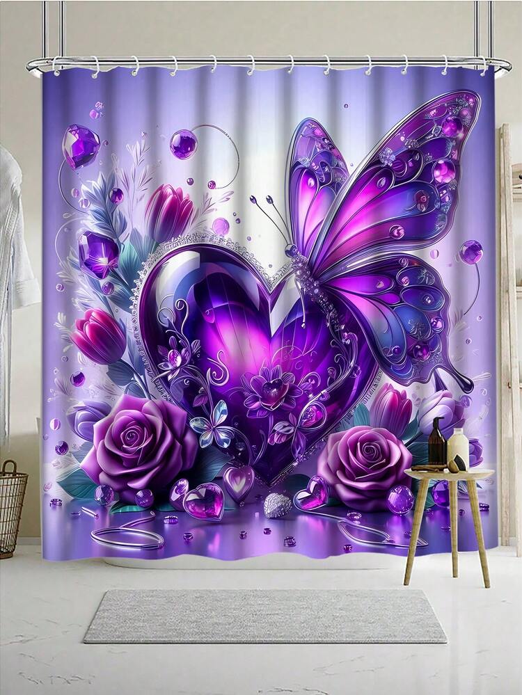 1pc/4pcs High Quality Shower Curtain Set - 12 Hooks, Creative Purple Floral & Butterfly Shower Curtain, Includes Non-Slip Mat, U-Shaped Mat, Toilet Seat Cover, Bathroom Divider, Bathroom Decor & Accessories, Exquisite Holiday Home Furnishing - A - View 11