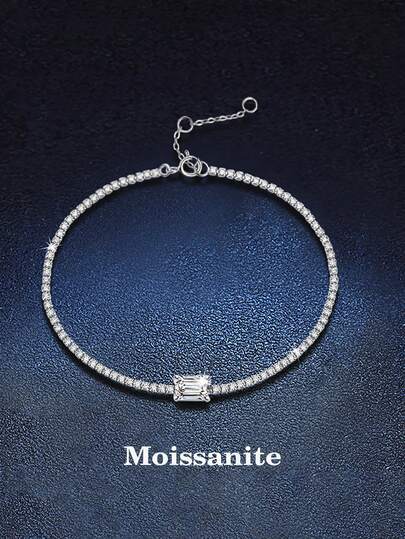BLOVEMEE 1pc Elegant Luxury 925 Sterling Silver 1 Carat 5x7mm Emerald Cut Moissanite Bracelet, Suitable For Women's Daily Wear, Commute, Party, Vacation, Birthday, Valentine's Day, Mother's Day, Wedding Anniversary, Christmas, Exquisite Jewelry Gift For Her