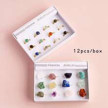 12pcs Natural Crystal Amethyst Raw Stone Ring Box Quartz Minerals Jewelry Quartz Women Fashion Ring Reiki Healing Jewelry Mother's Day Gift - 12-piece Ring Set - View 13