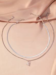 2件套冰银色闪亮水滴叠戴项链套装，蛇骨链+闪亮立方氧化锆水滴吊坠，精致别致，适合日常佩戴、约会、叠戴。 - 銀色 - 查看 4