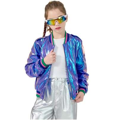  LONTAKIDS Kids Metallic Shiny Jacket Lightweight Y2K Disco Streetwear Rave Party Festivals Cropped Girls Bomber Jacket