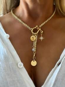 1 PC Collier pendentif lettre A-Z doré, chaîne pendentif étoile octogonale, collier multi-pendentif, chaîne en acier inoxydable, pour le travail, l'usage quotidien, les fêtes, - Or jaune - Voir 16