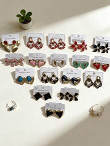 17 Pairs/Set Fashion Stainless Steel Earrings, Bow & Heart & Flower Shaped Stud Earrings For Women Daily & Party Wear(Style Random) - Multicolor - View 3