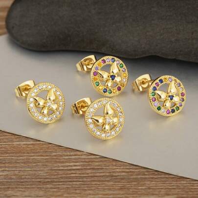 New Arrival Elegant Round Butterfly Shape Stud Earrings For Women Gold Plated Shiny Crystal Zirconia Daily Party Ear Jewelry Accessories