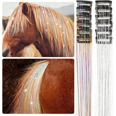 12pcs Shiny Multicolor Horse Hair Decoration Set, Colorful Sequins For Horse Mane And Tail, Easy-To-Apply Horse Grooming And Costume Accessory, Photography Prop, Suitable For Performance, Photography, Masquerade And Other Occasions