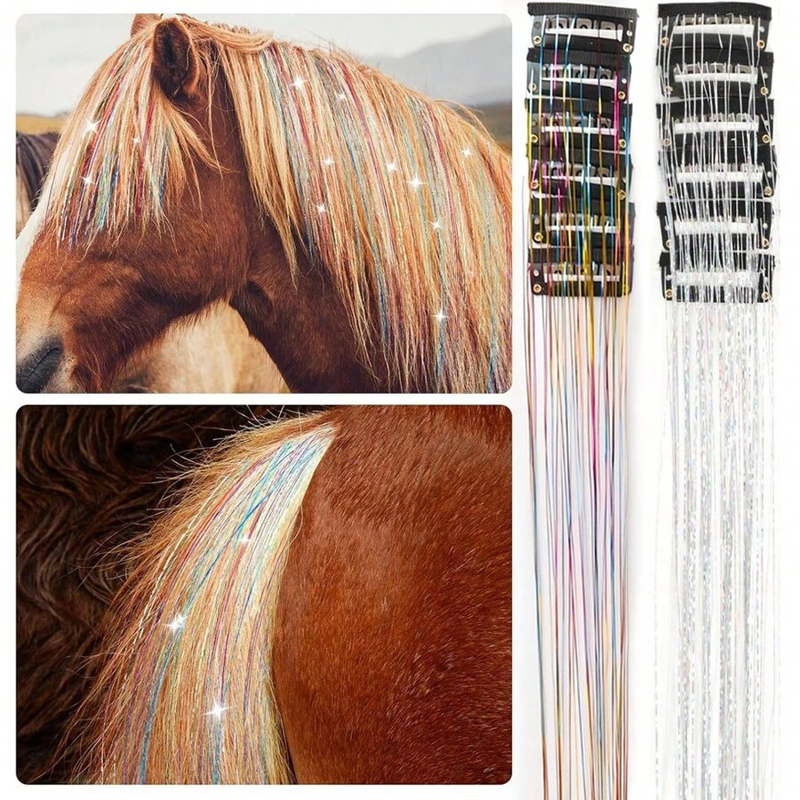 12pcs Shiny Multicolor Horse Hair Decoration Set, Colorful Sequins For Horse Mane And Tail, Easy-To-Apply Horse Grooming And Costume Accessory, Photography Prop, Suitable For Performance, Photography, Masquerade And Other Occasions - Multicolor - View 1