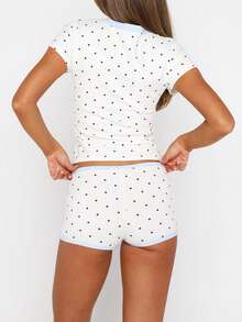 Women's Polka Dot Contrast Trim Loungewear Set - Sleeve Cropped Tee  Shorts Pajama Set With For Summer Cozy Home  Casual Relaxation - 白色 - 查看 3