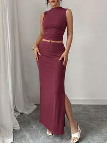 Women Two Piece Outfits Summer Mock Neck Sleeveless Knit Tops Maxi Skirt Set Slim Fit Pencil Skirt Going Out Dress Matching Set For Holiday Vacation Party Evening Club Night Out - 酒紅色 - 查看 3