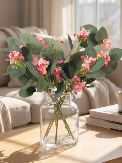 6pcs Eucalyptus & Lilac Colored Flowers, Suitable For Seasonal Decor, Home Gatherings, Tabletop, Living Room, Bedroom, Vase DIY, Restaurant, Bedroom, Furniture, Wedding Decor, Holiday Gifts