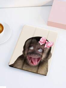 1pc Tongue-Out Monkey, Bow Pattern Tablet Protective Case, Tri-Fold Stand Protective Shell Compatible With 10.2-Inch Tablet, Pro 11 2021/2020/10th Gen, (A16) 11-Inch 11th Gen 2025, Compatible With Samsung Galaxy Tab A8 10.5-Inch 2022, Matepad 10.4/Tab, With Pen Slot, Anti-Drop, Sleep/Wake Support - Multicolor - View 3