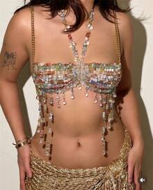 GLOSSMOON Handmade Beaded Chest Chain Bra - Multicolor Crystal & Shell Fringe Body Jewelry - Boho Beach Vacation Accessories For Women GLOSSMOON  Sunset Muse Beaded Body Chain | Mermaidcore Aesthetic Jewelry | Summer Rave & Beach Party Statement Bra - Màu sắc - Xem 2