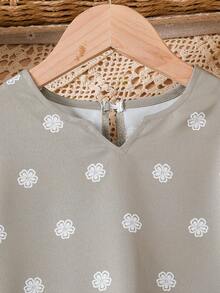 1 pieza Vestido largo de verano con cuello en V, mangas con volantes y estampado floral para niñas - Caqui - Ver 4