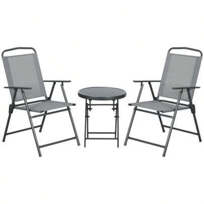 Folding Bistro Garden Furniture Set With 1 Table And 2 Chairs, Sturdy Steel And Mesh Frame, 53.5 X 64 X 93 Cm, Light Grey, For Balcony And Terrace