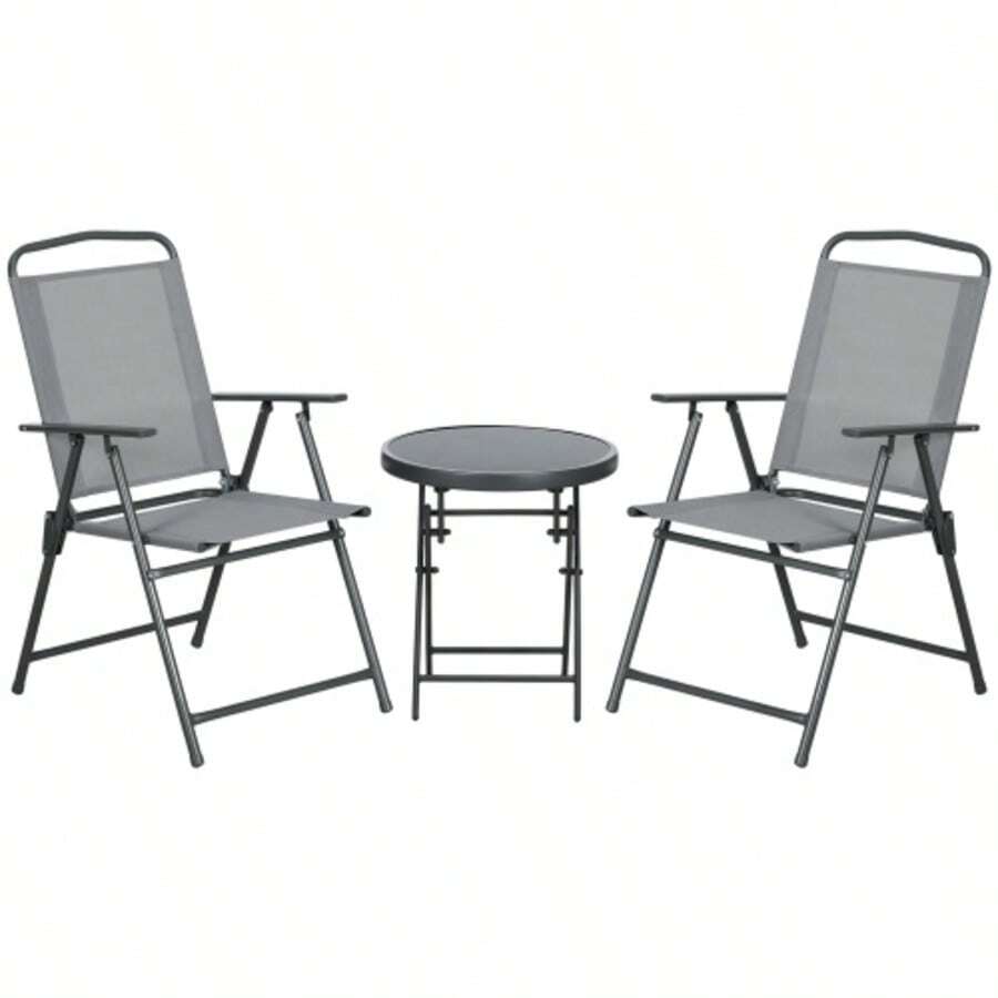 Folding Bistro Garden Furniture Set With 1 Table And 2 Chairs, Sturdy Steel And Mesh Frame, 53.5 X 64 X 93 Cm, Light Grey, For Balcony And Terrace - Grey - View 1