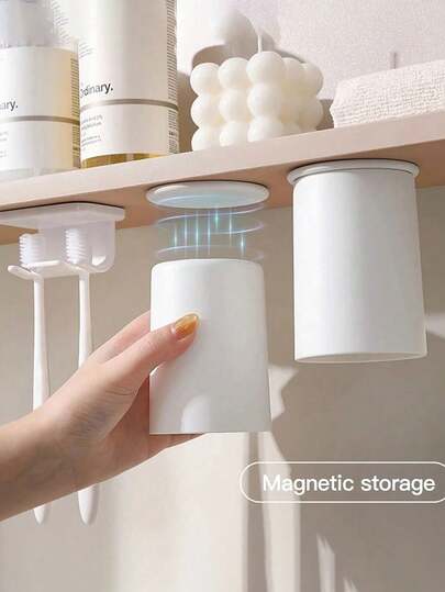 1/2pcs Magnetic Adsorption Rinse Cup, No Drilling Required To Fix On Cabinet, Minimalist Couple Toothbrush Holder, Easy Drainage Design, Bathroom Supplies, Autumn Decor, New Semester Preparation