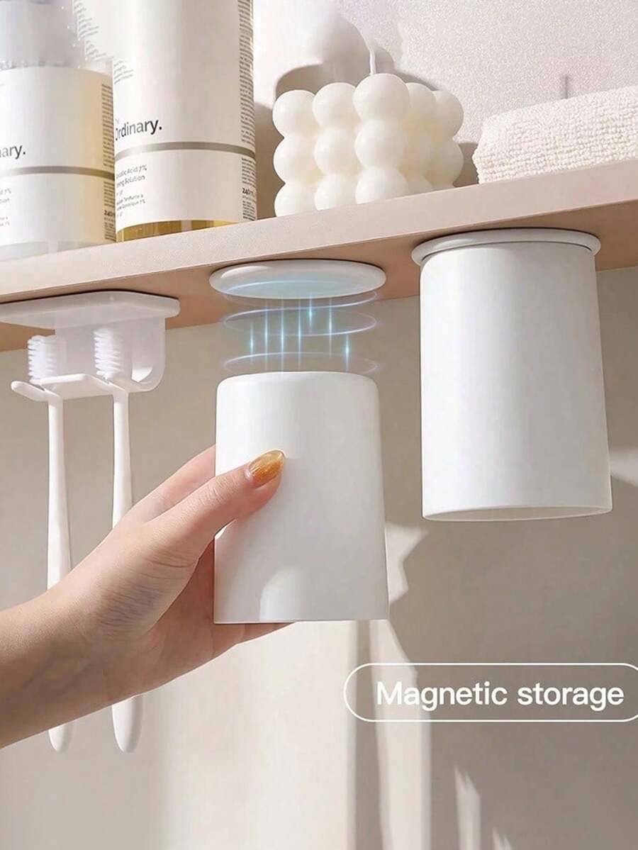 1/2pcs Magnetic Adsorption Rinse Cup, No Drilling Required To Fix On Cabinet, Minimalist Couple Toothbrush Holder, Easy Drainage Design, Bathroom Supplies, Autumn Decor, New Semester Preparation