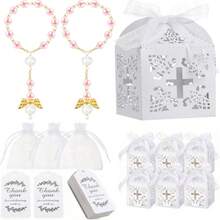 200 颗迷你念珠，含礼盒、欧根纱袋和牛皮纸感谢卡，适合洗礼回礼、天主教初领圣体、婚礼派对装饰 - 彩色 - 查看 2