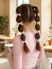 8个装女士彩色丝带发夹蝴蝶结发饰甜美女孩丝绸小发夹优雅公主芭蕾舞Y2K仙女装饰发圈迷你发夹发饰，适合日常使用，可爱，3种颜色可选，情人节礼物，爪夹发夹，发卡，学校用品，大学，女士冬季服装，蝴蝶结，可爱。 - 白色 - 查看 5